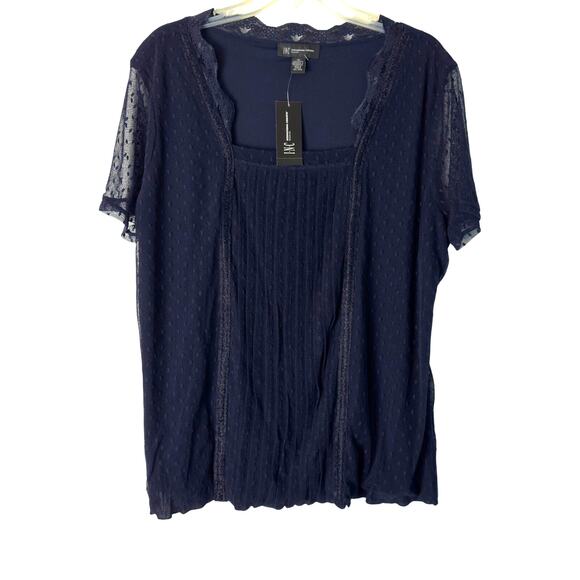 INC Dark Blue Swiss Dot And Lace Pintuck Blouse Size 1X NEW - Picture 1 of 5